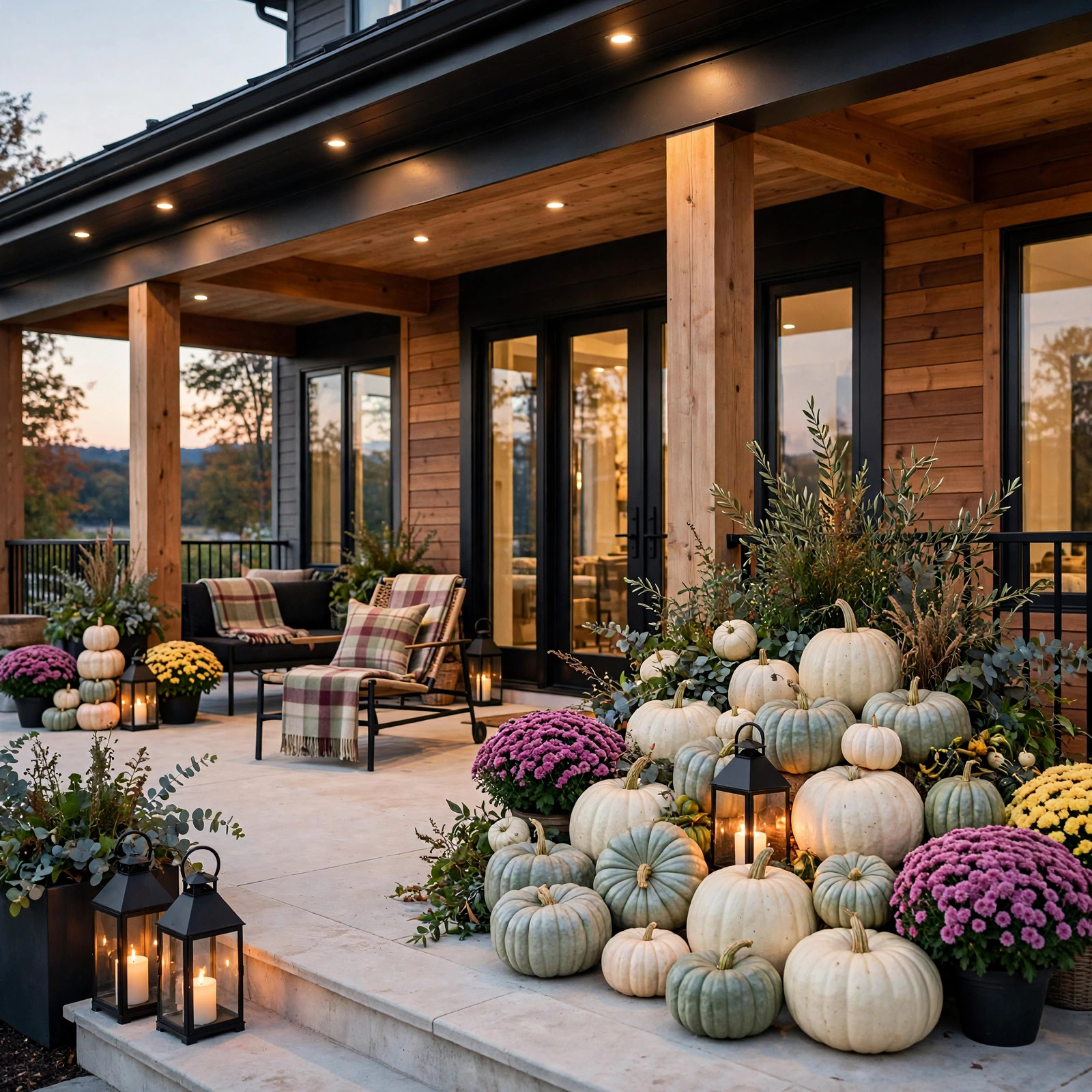 Full neutral pumpkin patch corner on a luxury porch