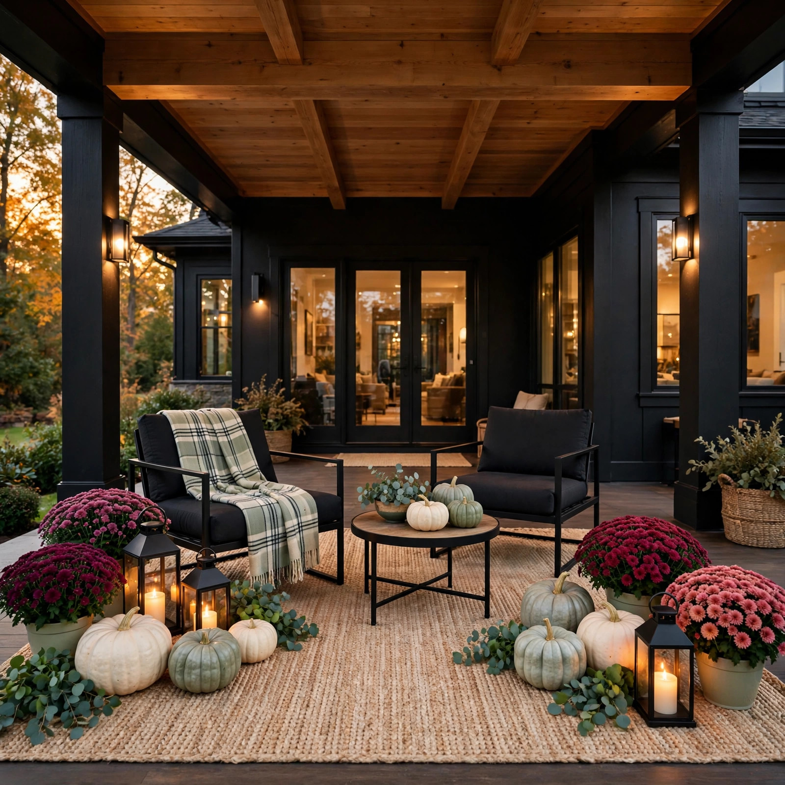 Large natural-fiber outdoor rug anchoring a fall porch