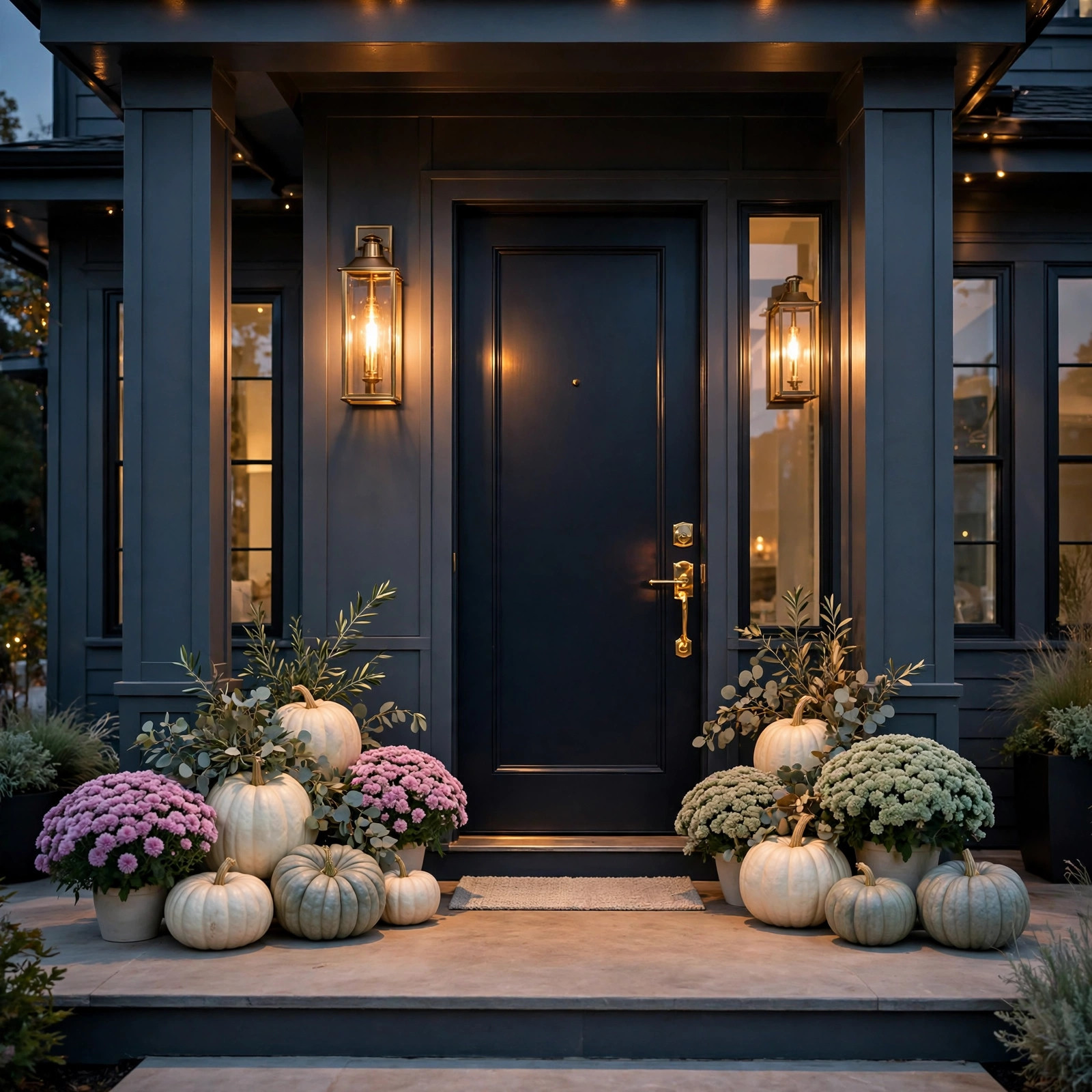 Brass lantern and door details on a fall porch