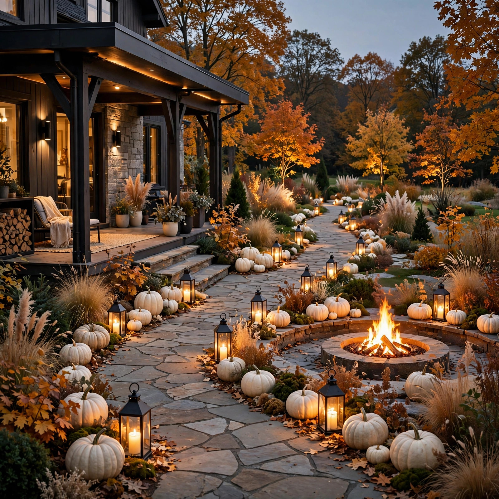 Lantern-lit path from porch to a fire pit at dusk