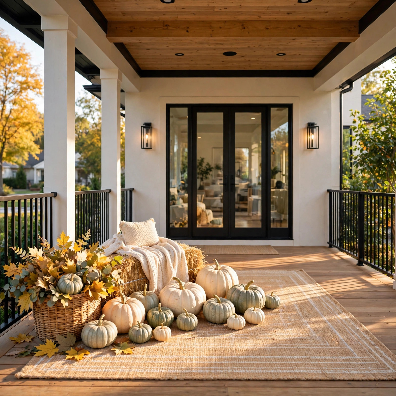 Kid-friendly fall corner with mini pumpkins and hay bale