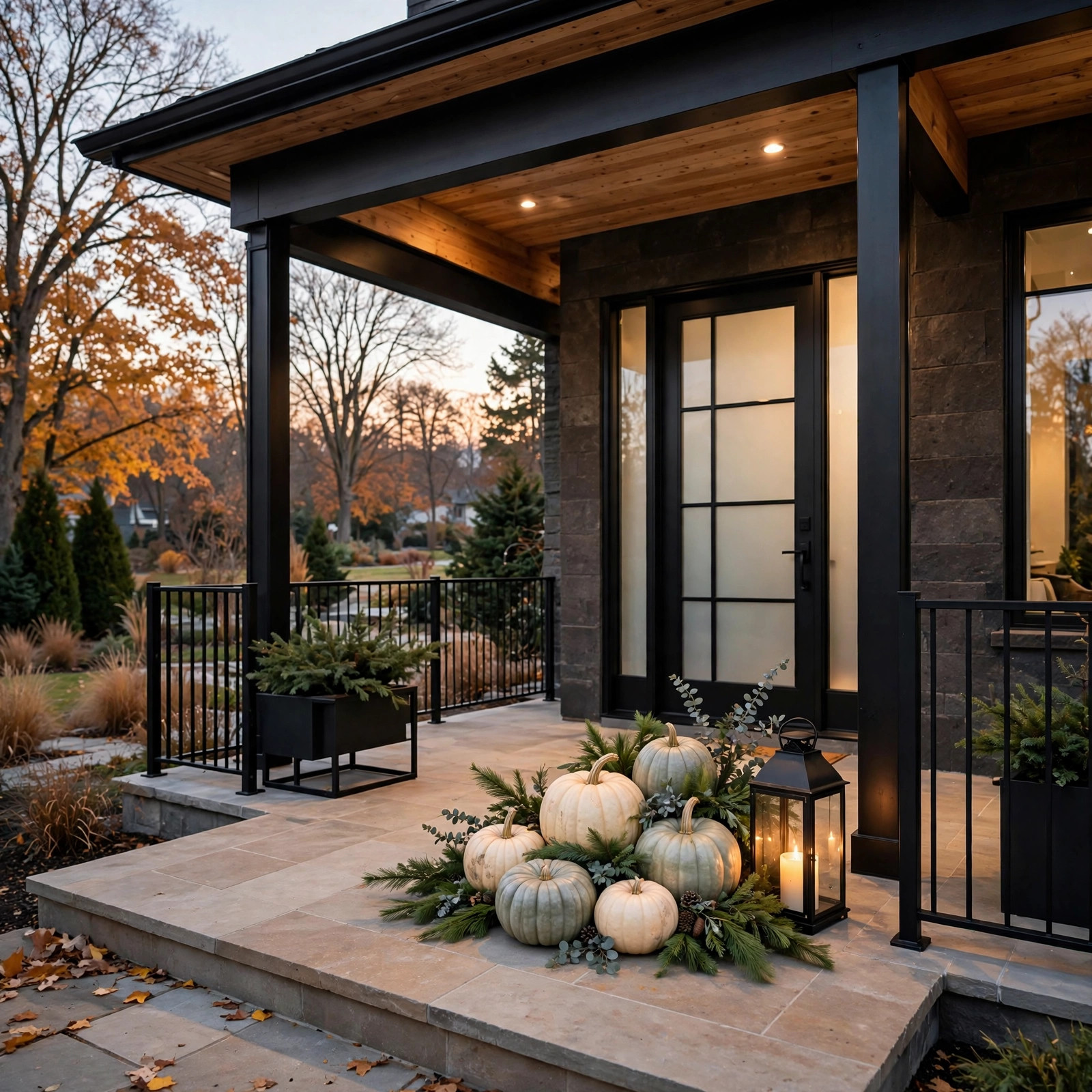 Evergreen sprigs tucked among pumpkins, seasonal transition