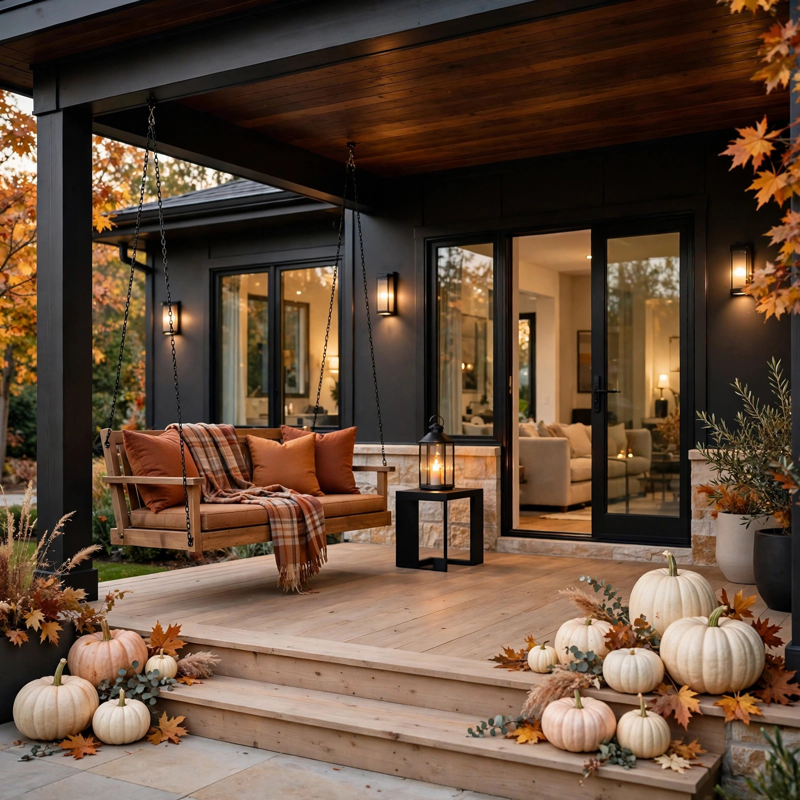 Porch swing dressed with pillows and plaid throw