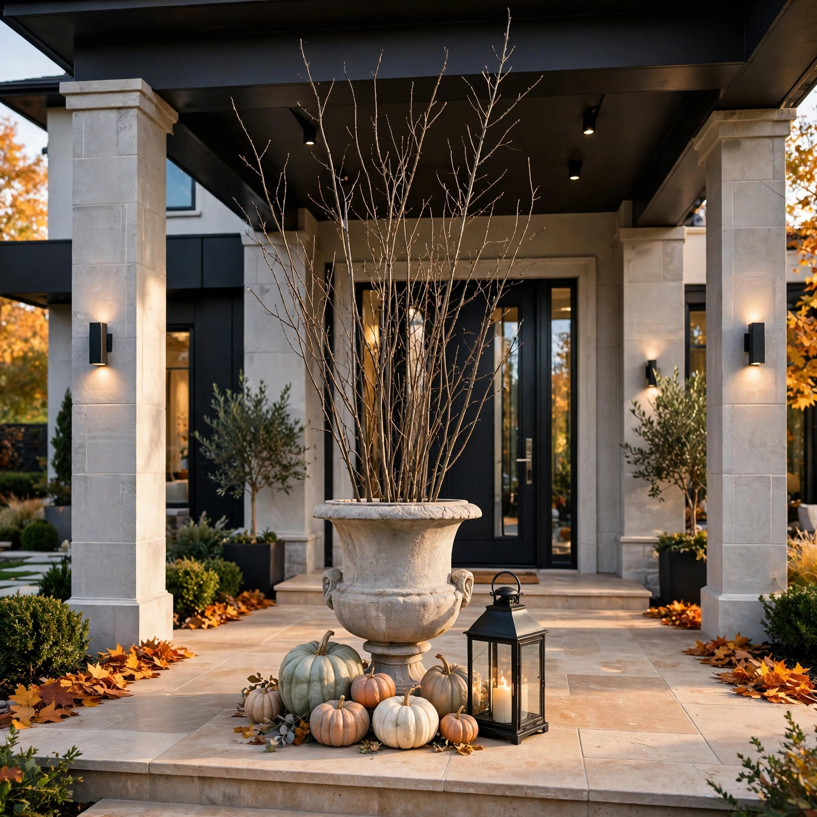 Classic urn with tall bare branches on a porch