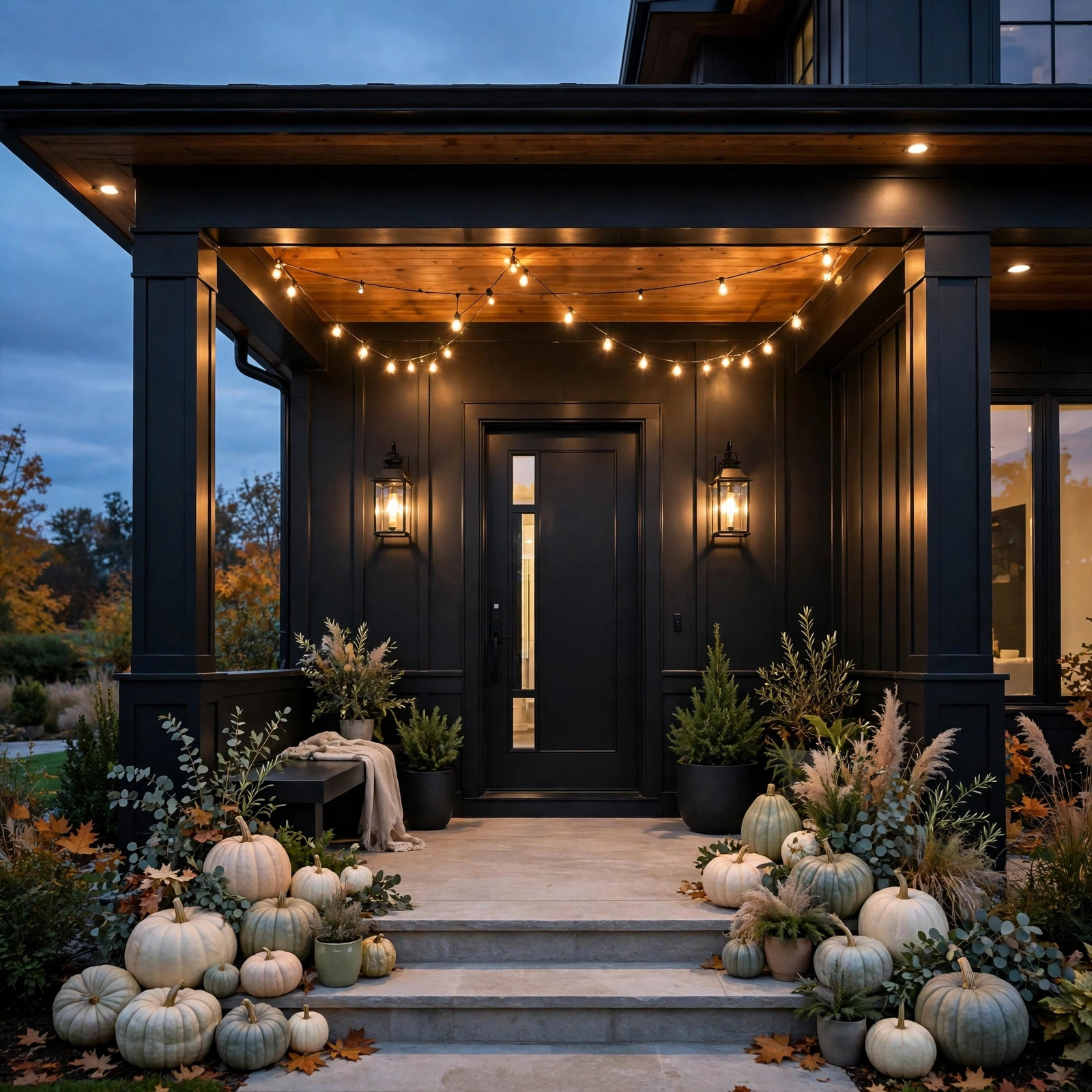 Fall porch glowing automatically at dusk with timed lights