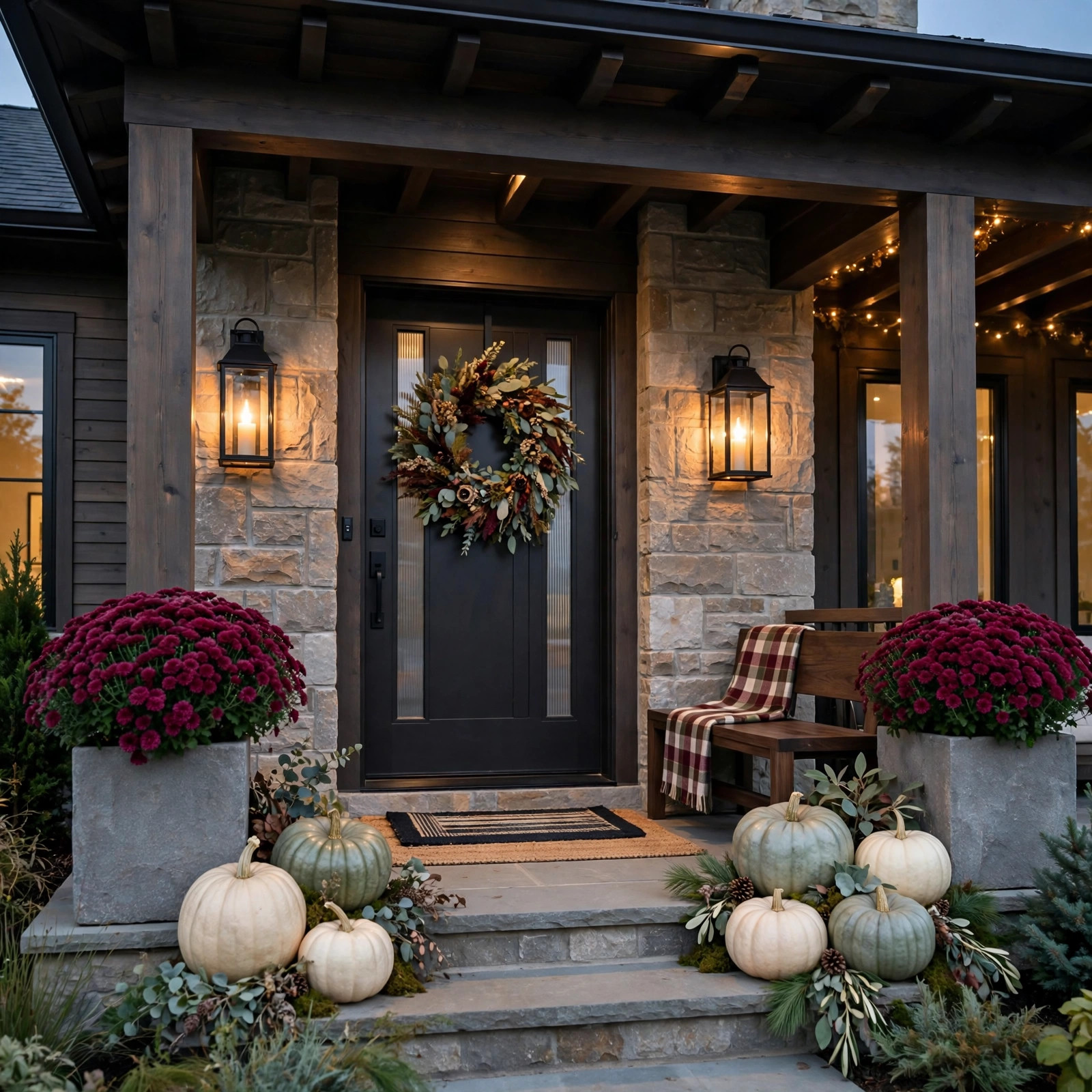 Complete luxury fall porch with all elements at dusk
