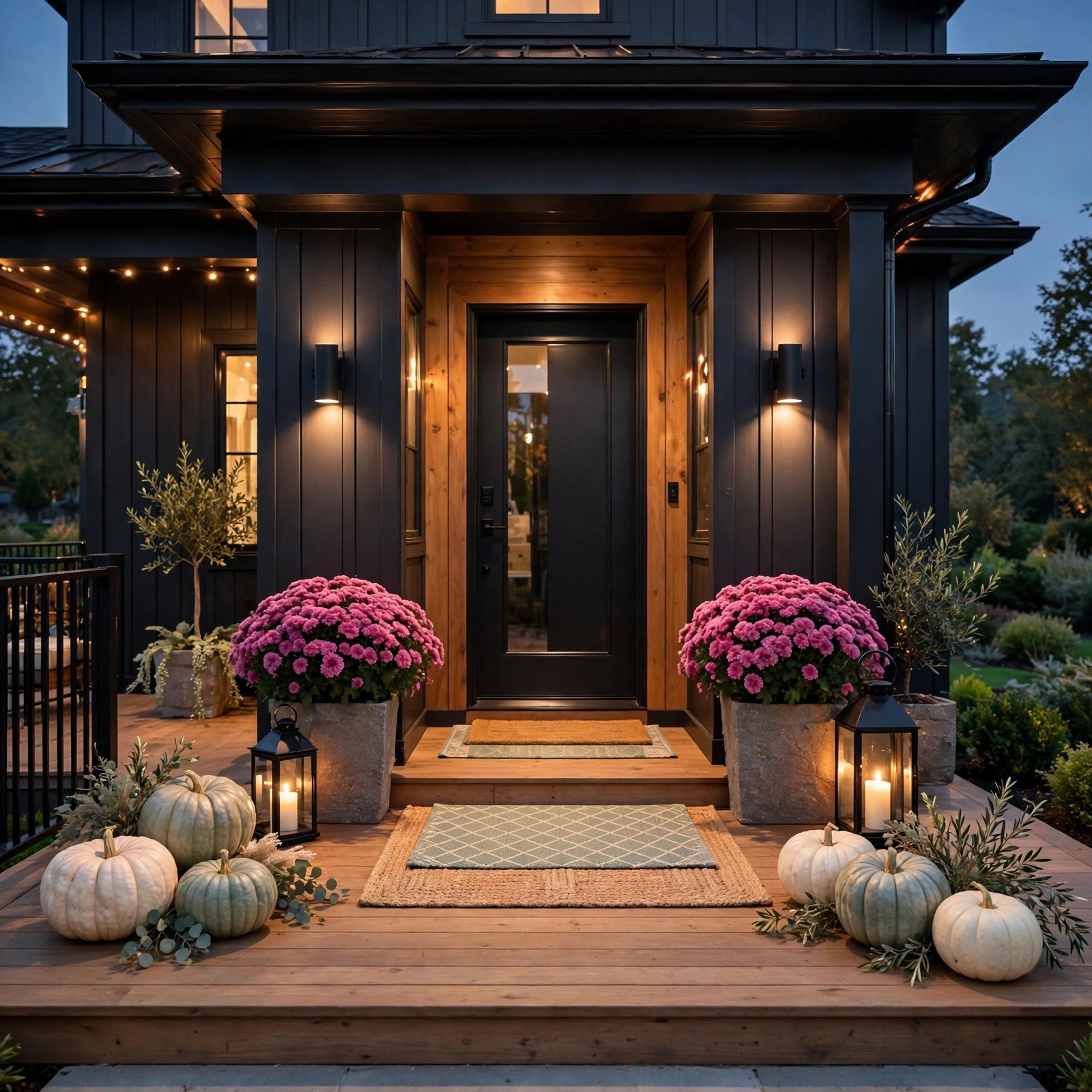 Luxury fall porch decor at dusk with neutral pumpkins, glowing lanterns and layered doormats