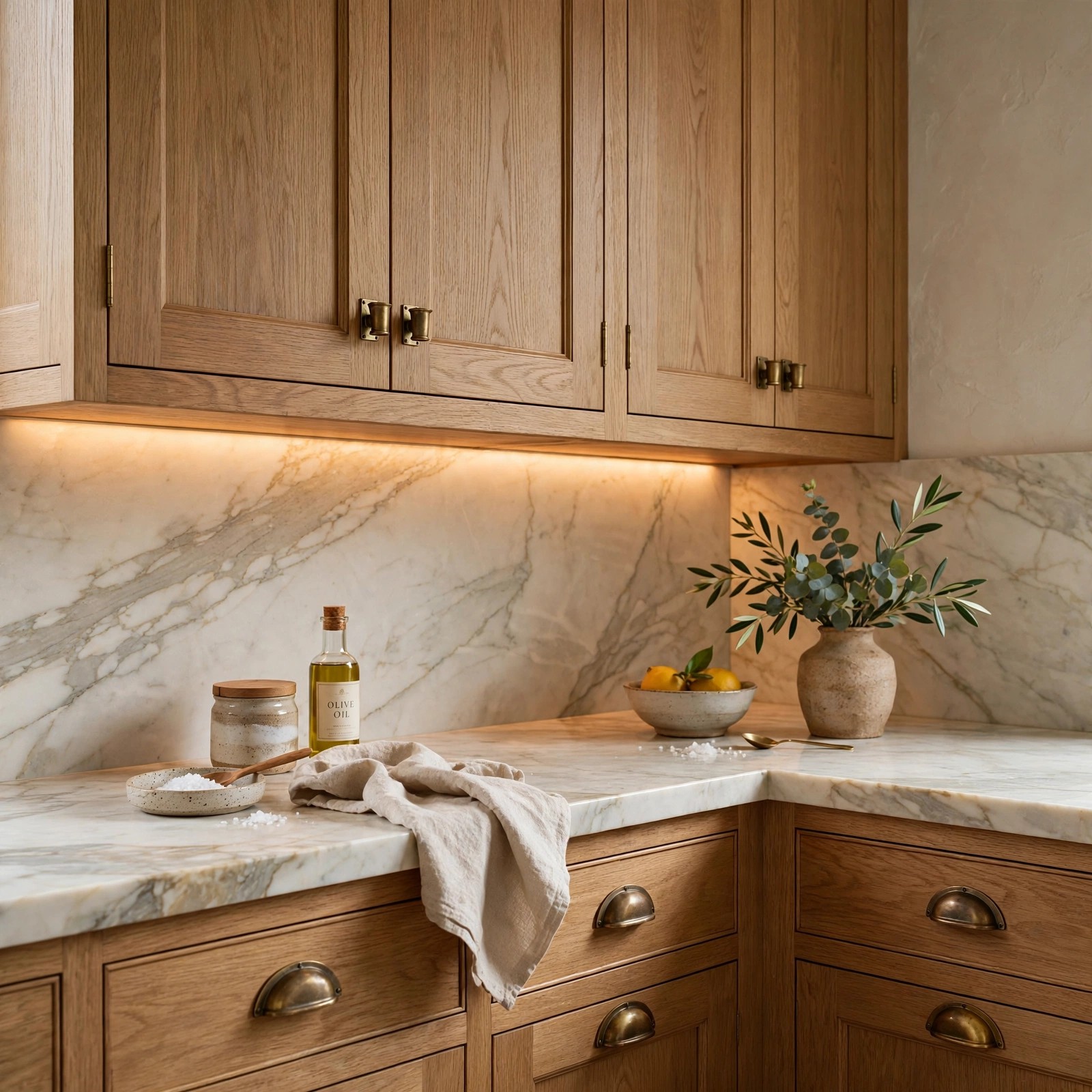 Village kitchen ideas: warm oak shaker cabinets with aged brass handles