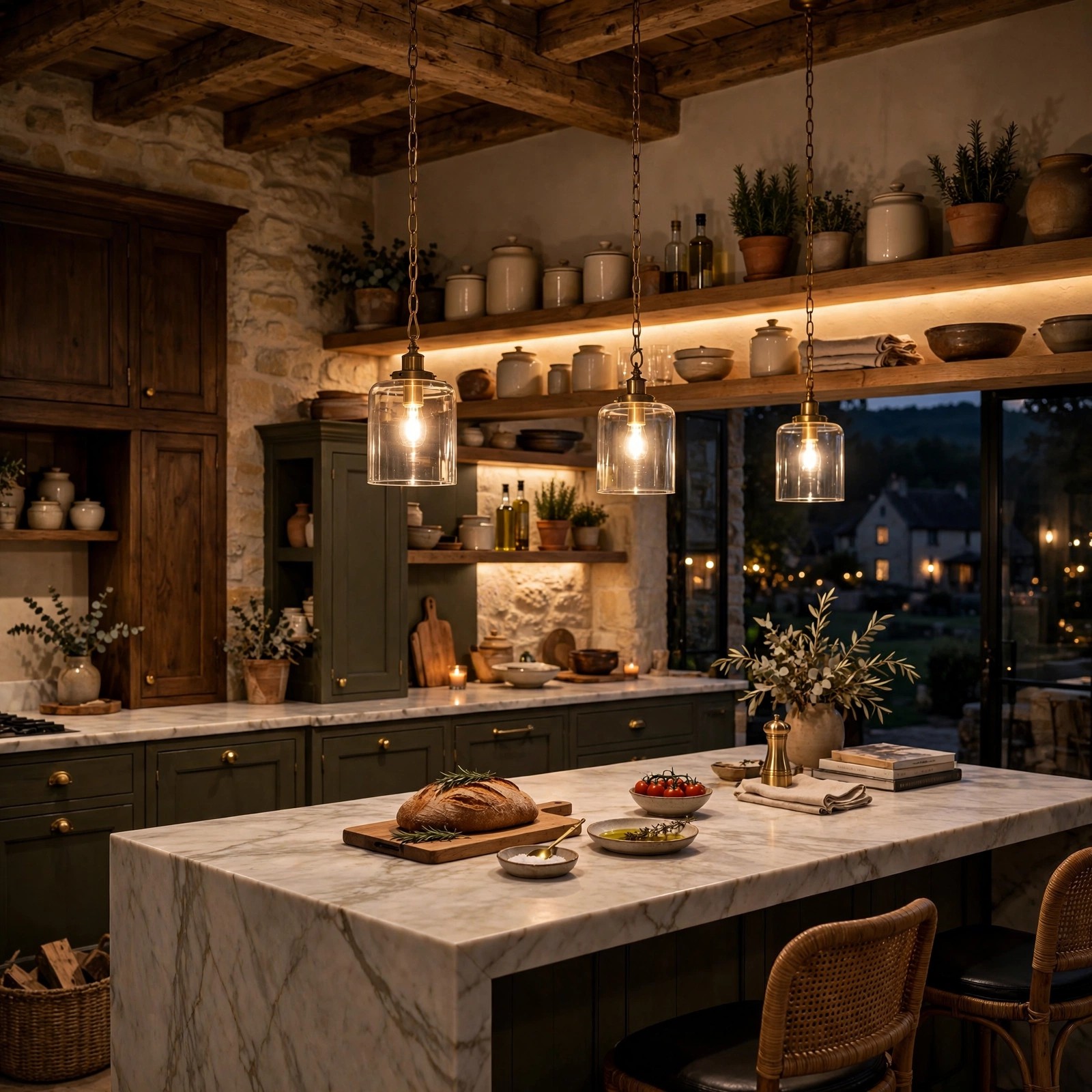 Warm brass pendant lights over a kitchen island