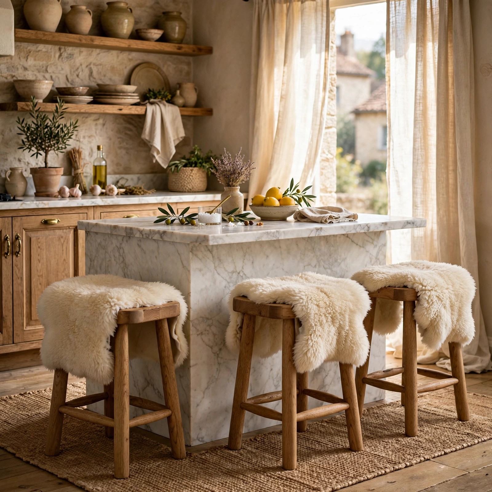 Natural linen curtains in a village kitchen