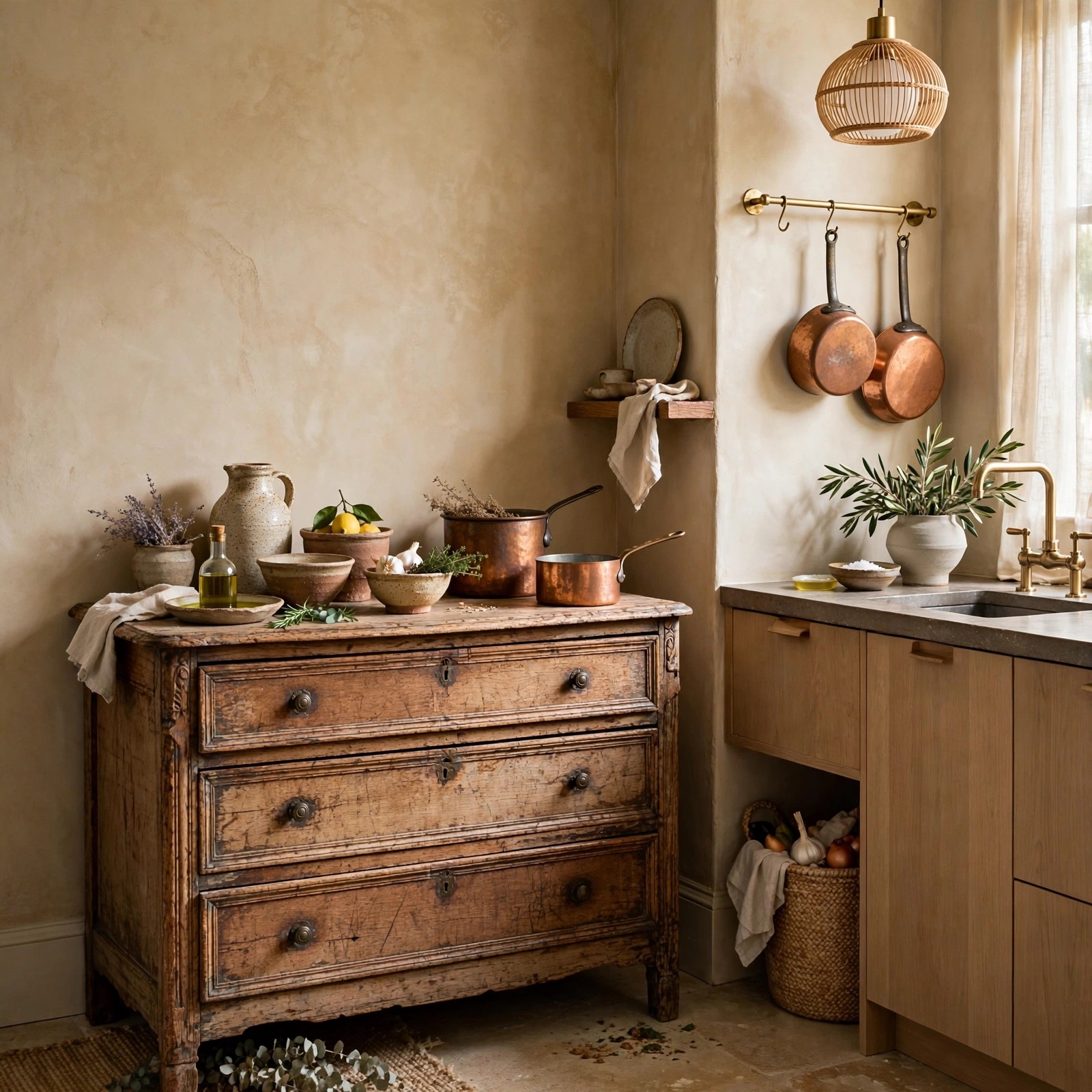 Village kitchen ideas: vintage oak dresser with artisan ceramics