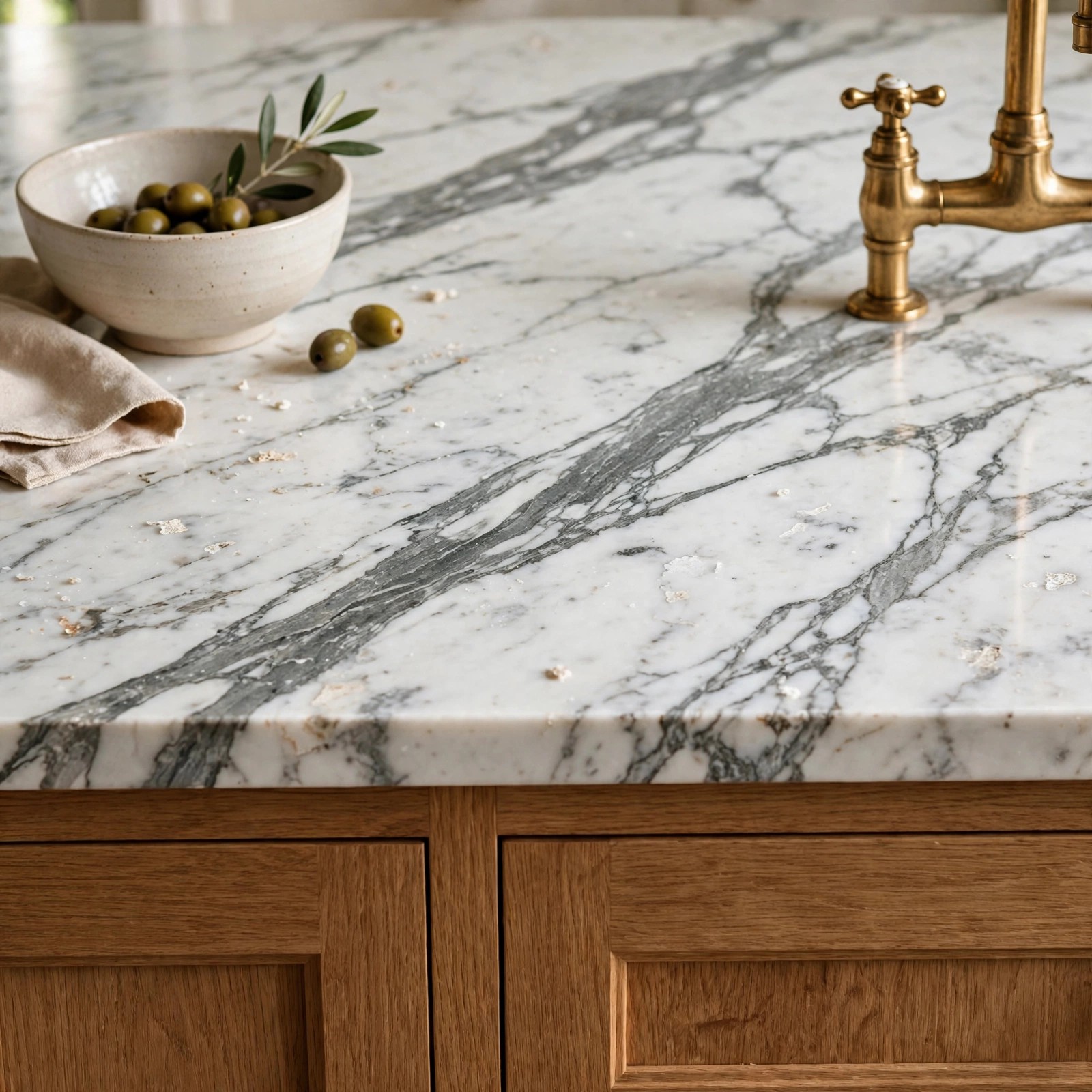 Veined white marble kitchen worktop