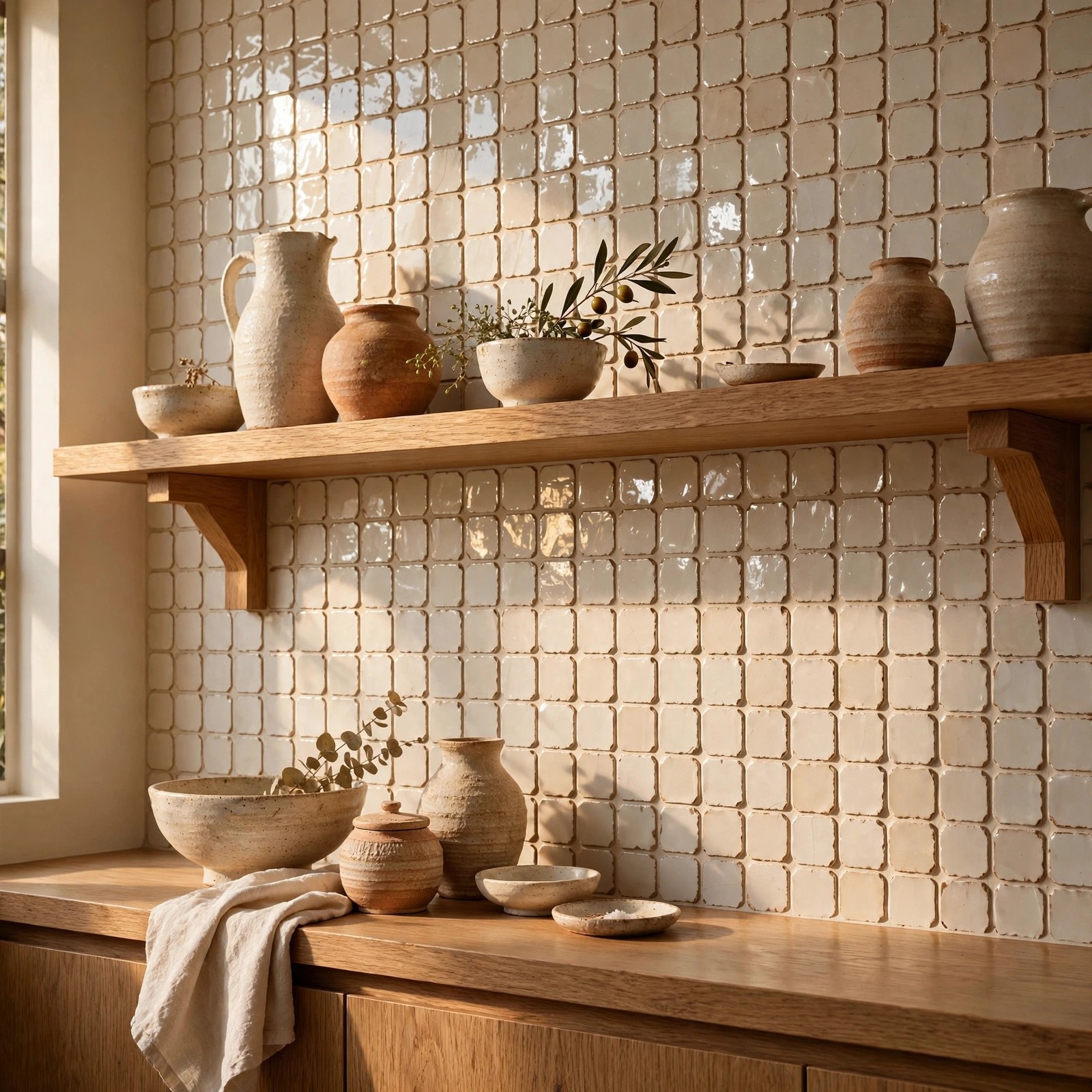 Handmade cream tile kitchen backsplash