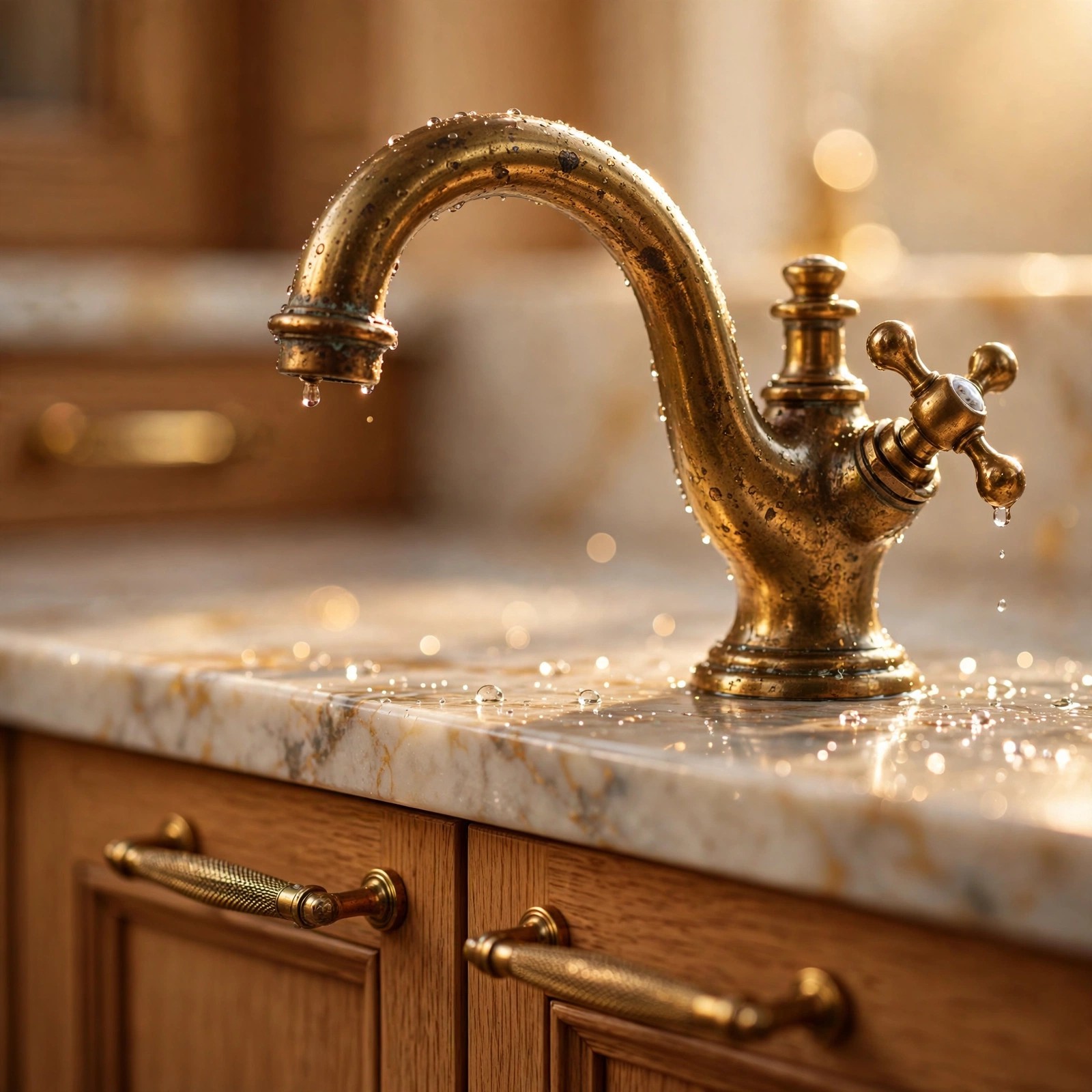 Aged brass kitchen tap and cabinet handles