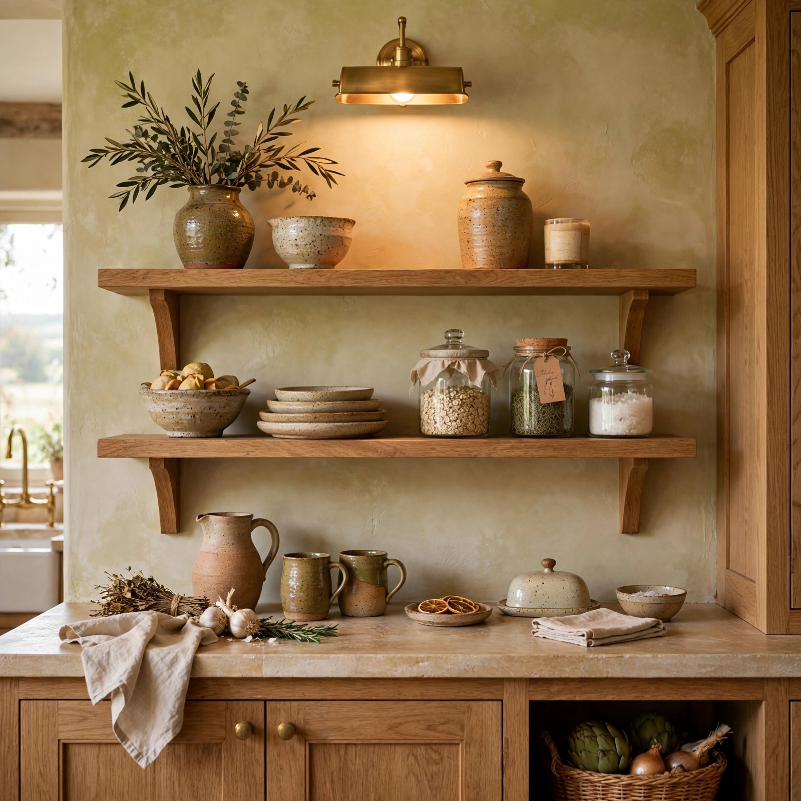 Open oak kitchen shelves with artisan ceramics