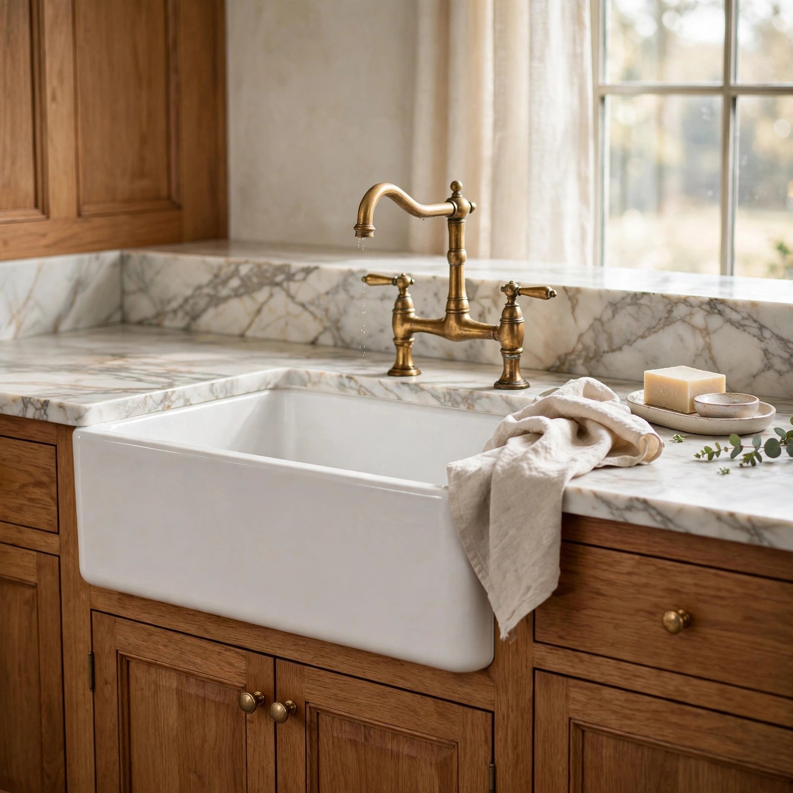 Deep white farmhouse kitchen sink with brass tap