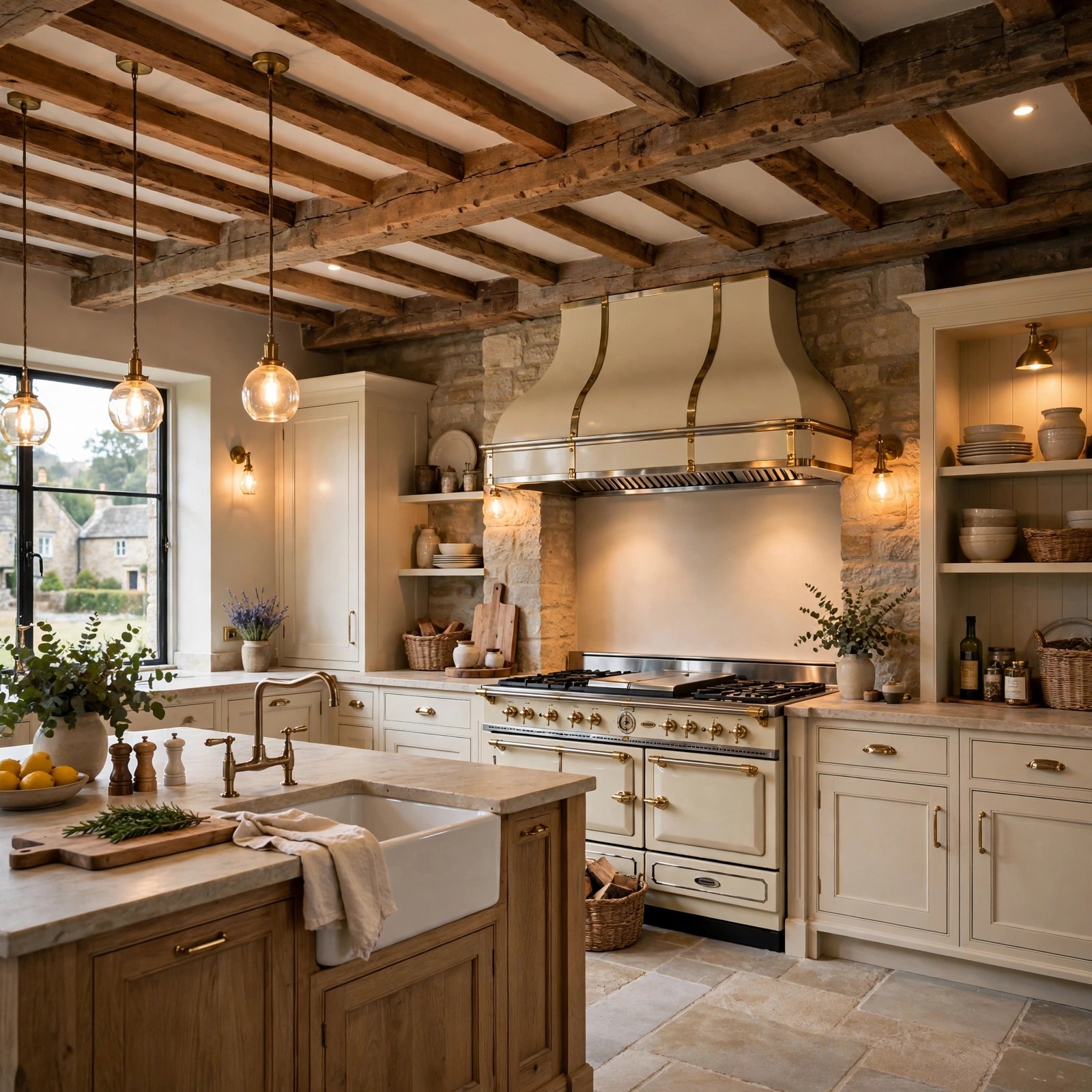 Exposed wooden beams in a village kitchen